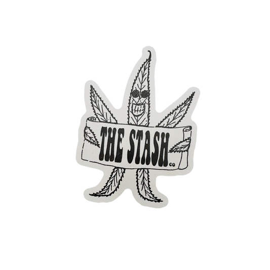 The Stash buddy sticker — cartoon cannabis leaf mascot with THE STASH CO. banner