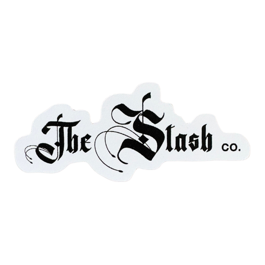 The Stash Co. biodegradable sticker — gothic lettering logo on black